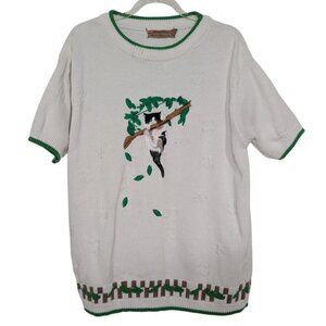South Bay Embroidered Cat Sweater Womens Size Large White Cotton Short Sleeve